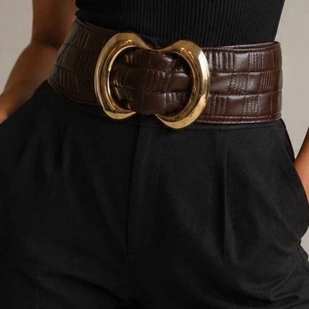 Rampage 90s Vintage Brown Faux Leather Quilted Wide Gold Buckle Belt Size S/M